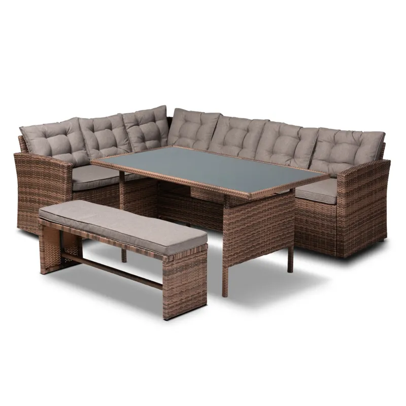 Baxton Studio Angela Modern Grey Fabric 4-Piece Woven Rattan Outdoor Patio Set | Outdoor Sofas, Loveseats & Sectionals | Modishstore