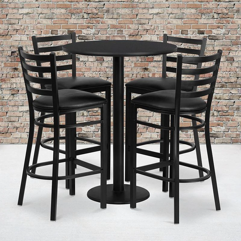 30'' Round Black Laminate Table Set With Round Base And 4 Ladder Back Metal Barstools - Black Vinyl Seat By Flash Furniture | Bar Stools & Table | Modishstore - 1