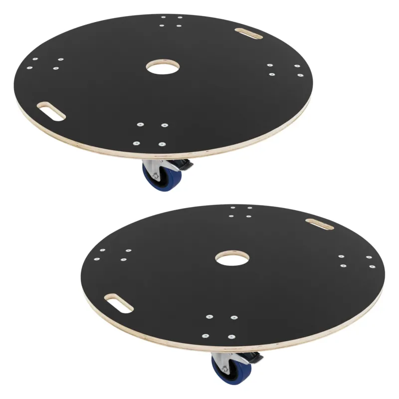Zwei schwarze, runde Platten mit Rollen und Griffen.