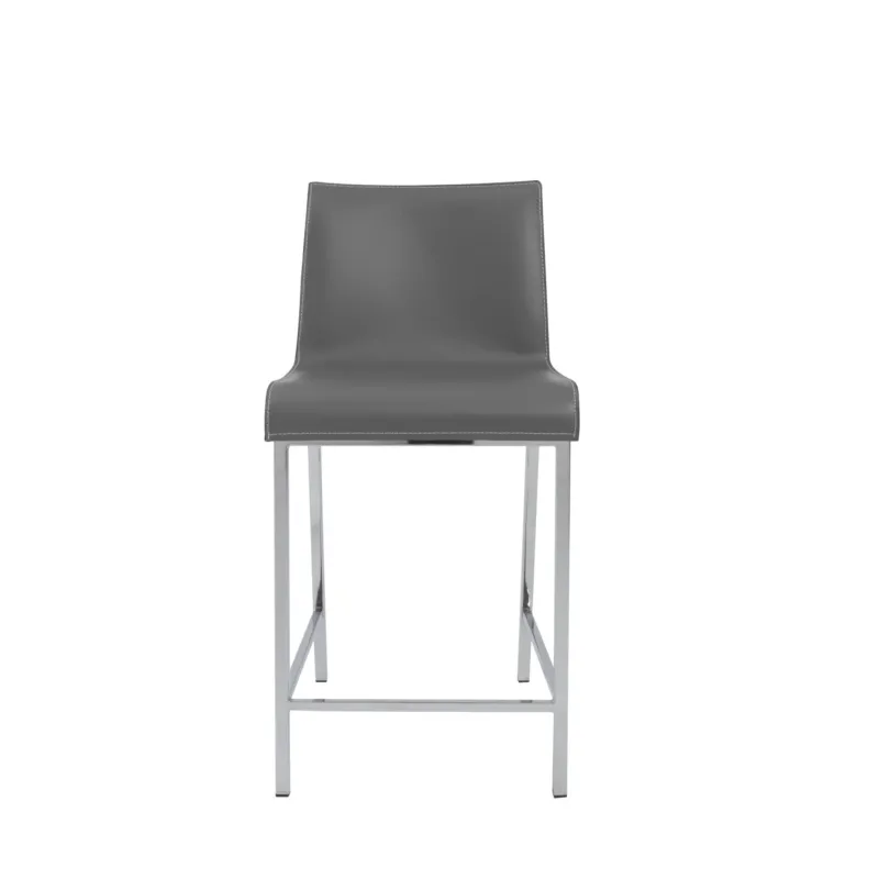 Set of Two Gray Leather and Steel Counter Stools By Homeroots | Counter Stools | Modishstore