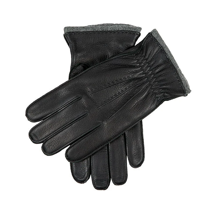 A pair of men's deerskin leather gloves with cashmere cuffs, in black color.