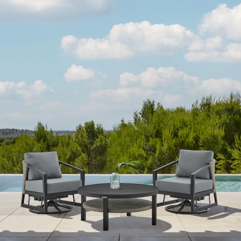 Aileen 3 Piece Patio Outdoor Swivel Seating Set in Black Aluminum with Grey Wicker and Cushions By Armen Living | Outdoor Sofas, Loveseats & Sectionals | Modishstore