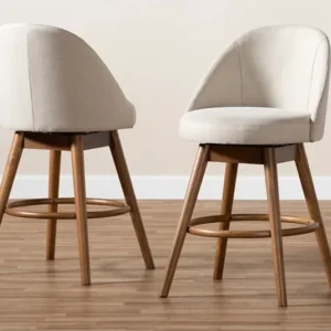 Baxton Studio Carra Mid-Century Modern Light Beige Fabric Upholstered Walnut-Finished Wood Swivel Counter Stool Set of 2 | Modishstore | Counter Stools