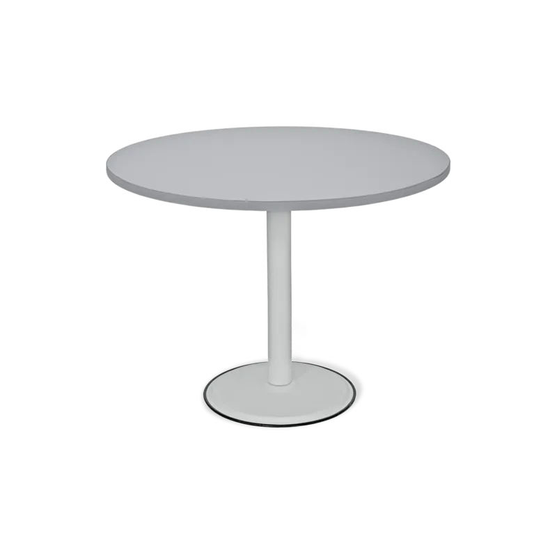 Runder Besprechungstisch. Stahlgestell in Lichtgrau (RAL 7035). Tischplatte Farbe: Grau.