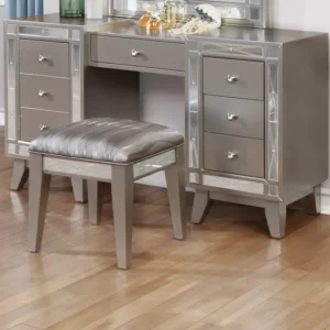 Wooden Set Of Vanity And Stool With Mirrored Accents, Mercury Silver By Benzara | Stools | Modishstore
