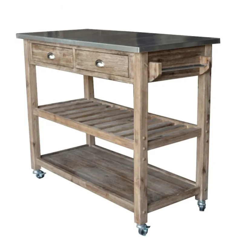 2 Drawers Wooden Frame Kitchen Cart With Metal Top And Casters, Gray By Benzara | Bar Carts | Modishstore