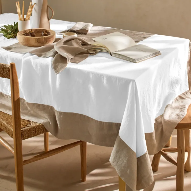 Nappe bicolore sur mesure en lin lavé blanc