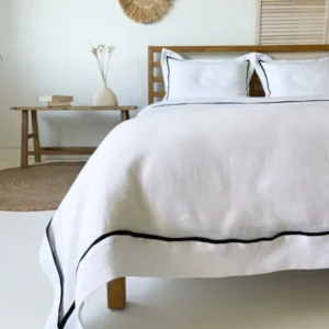 White Linen Duvet Cover set with Sham and Black Trim