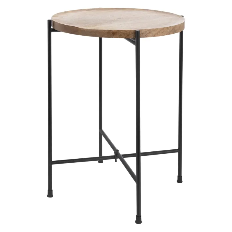 Runder Tisch mit Holzplatte und schwarzen Metallbeinen.