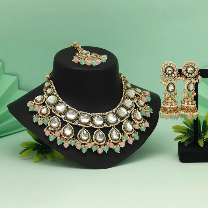 Kundan Halskette mit Ohrringe & Tikka - gold | Rosa, mint