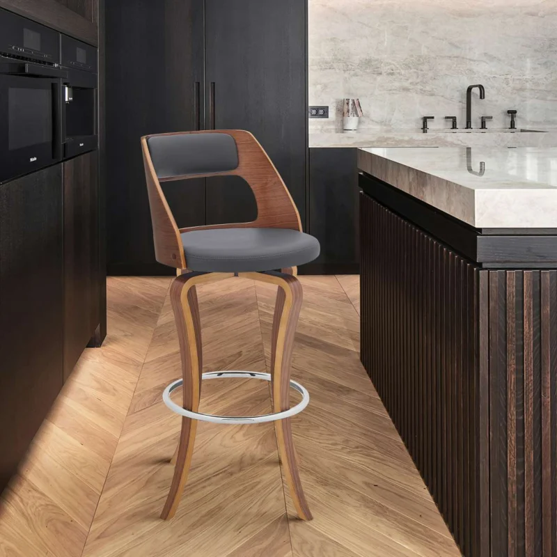 Grady 30" Swivel Gray Faux Leather and Walnut Wood Bar Stool By Armen Living | Bar Stools | Modishstore