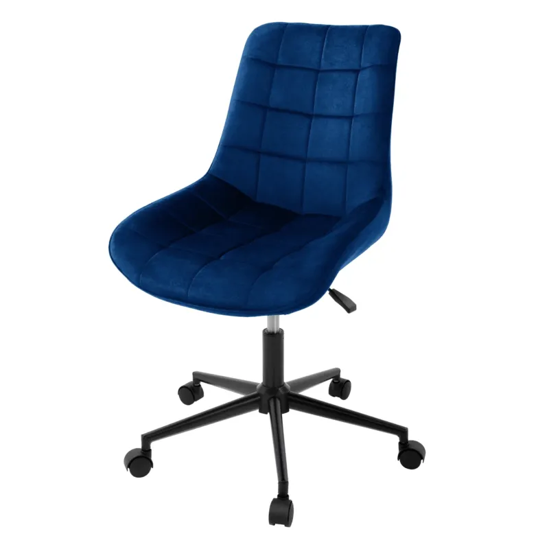 Ein blauer Bürostuhl mit gepolstertem Sitz und schwarzem Fußgestell.