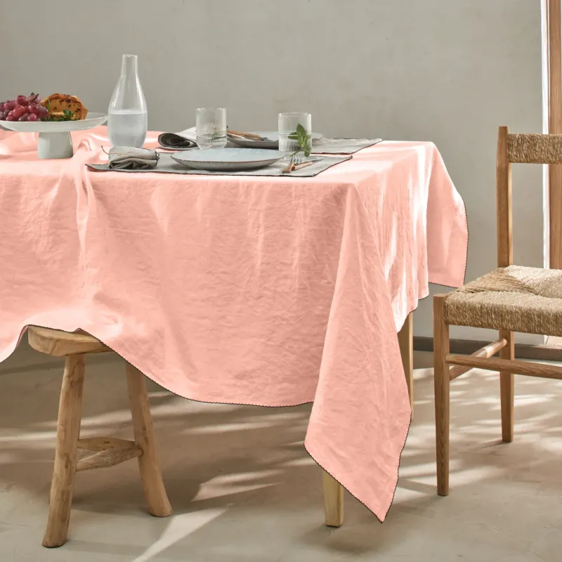 Nappe rect. crochetée en lin rose