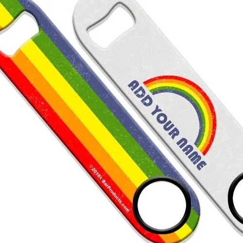 Metal bottle opener with rainbow design and text 'ADD YOUR NAME' on a white background